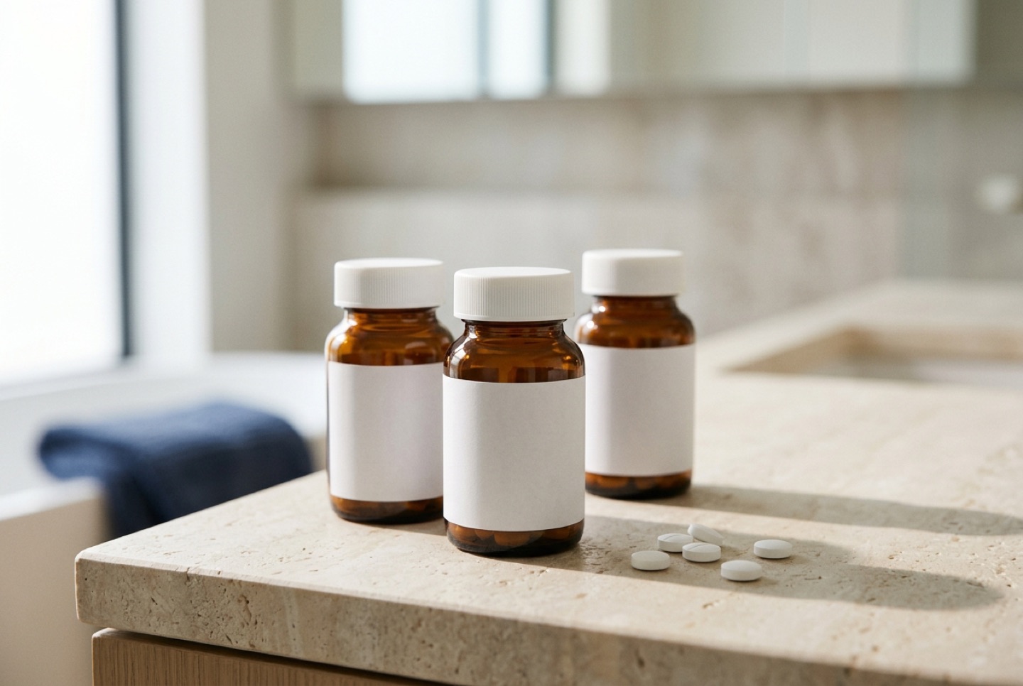 Three prescription bottles with blank labels on a stone countertop in soft daylight